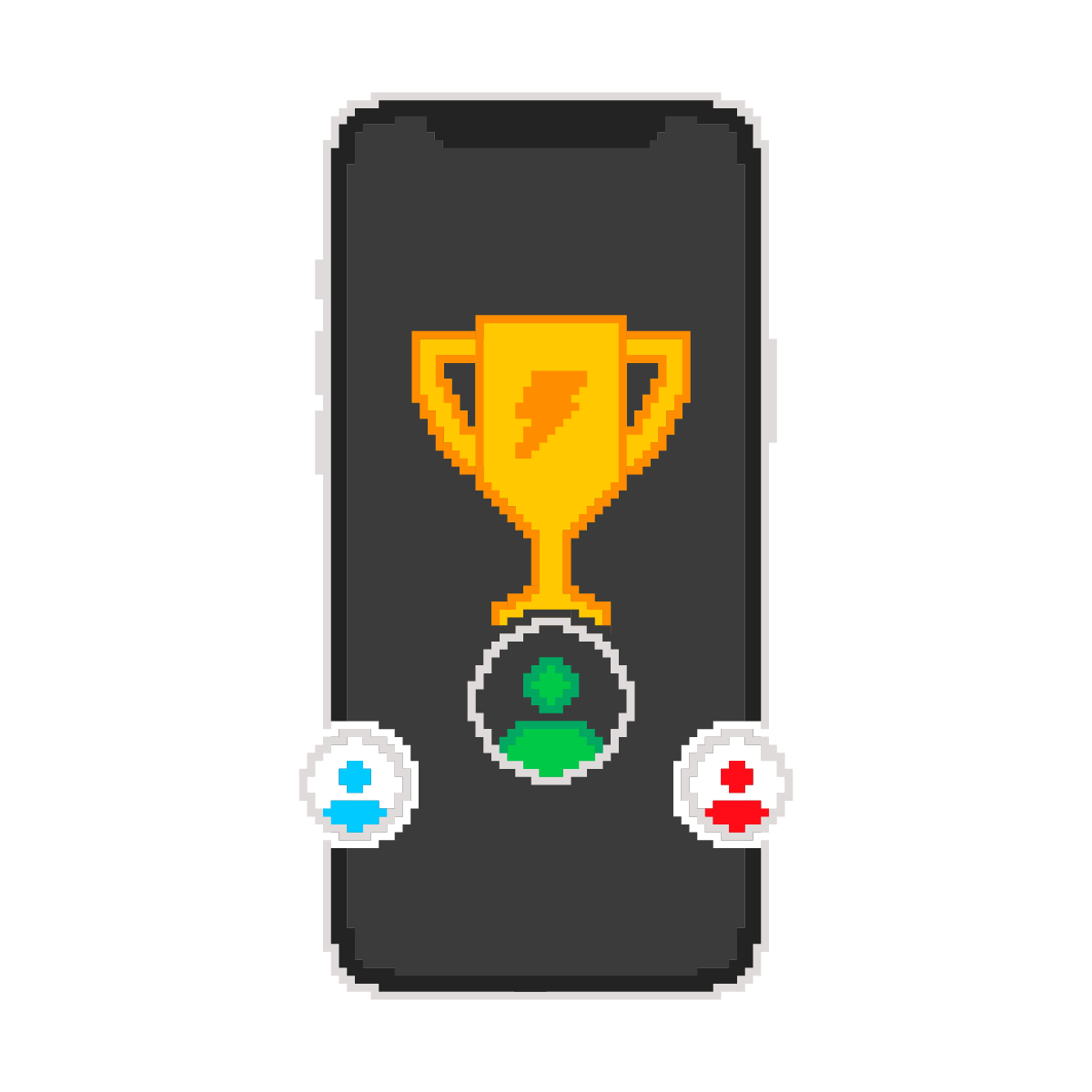Pixelated illustration of an iPhone with a trophy and user profile icons